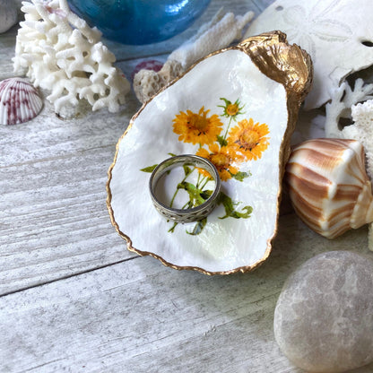 Decoupage Oyster Shell Trinket Dish Sunflower Art