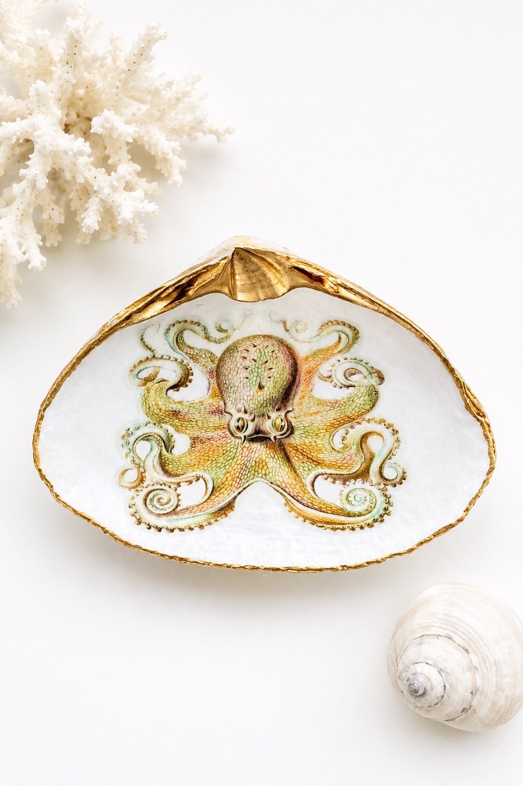 Decoupage Clam Shell Gold Octopus Art