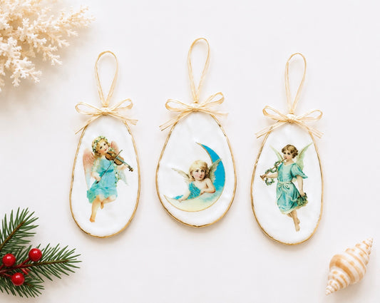 Holiday Angels Decoupage Oyster Shell Ornaments