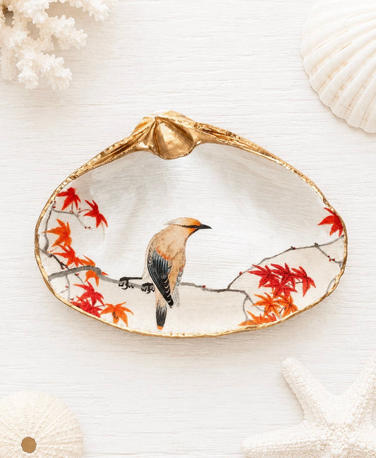 Cedar Waxwing Bird Decoupage Clam Shell Ring Dish