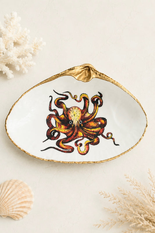 Hand-Colored Octopus Decoupage Clam Shell Trinket Dish