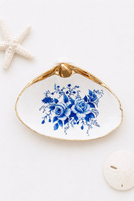 Decoupage Chinoiserie Clam Shell Ring Dish – Blue & White Jewelry Holder, Coastal Decor
