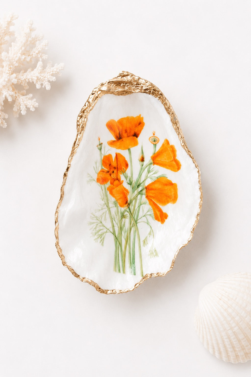 Decoupage Oyster Shell Trinket Dish California Poppy Flower Art