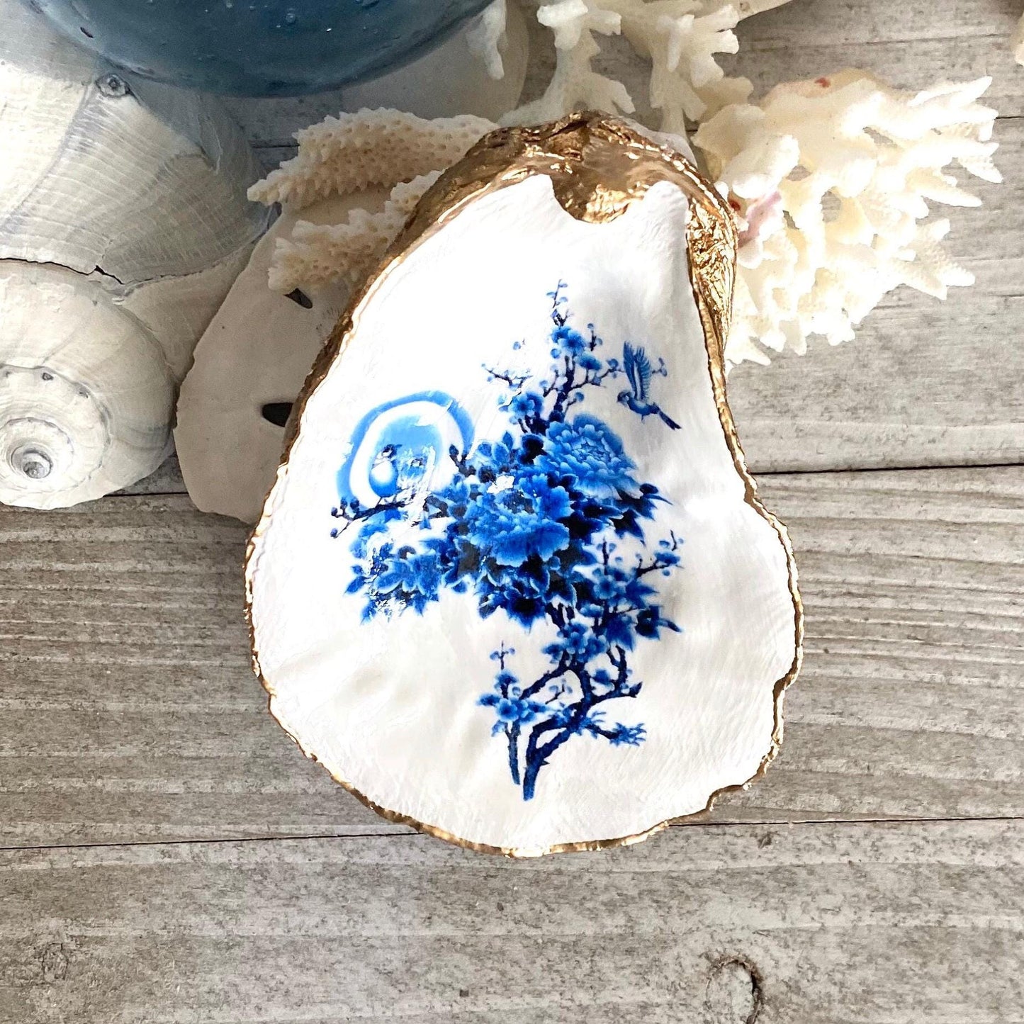 Decoupage Chinoiserie Oyster Shell Ring Dish – Hand-Crafted Coastal Jewelry Holder, Hostess Gift
