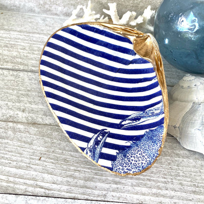 Blue & White Stripe Decoupage Clam Shell Trinket Dish