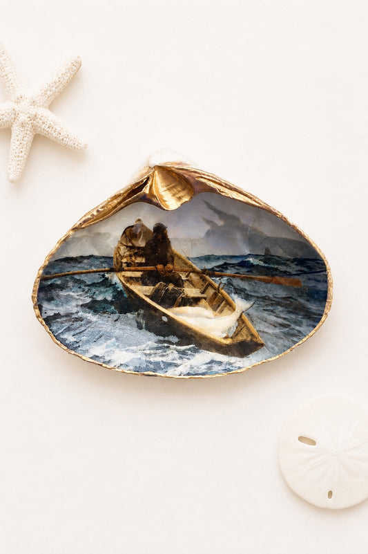Handcrafted 'The Fog Warning' Clam Shell Ring Dish – Decoupage Fisherman Art, Coastal Decor