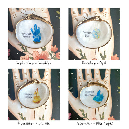 Decoupage Birthstone Clam Shell Ring Dish – Hand-Painted Jewelry Holder, Coastal Decor