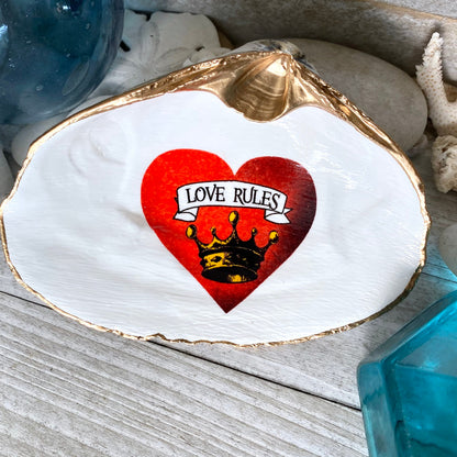 Decoupage Clam Shell Trinket Dish, "Love Rules" Valentine's Day Gift
