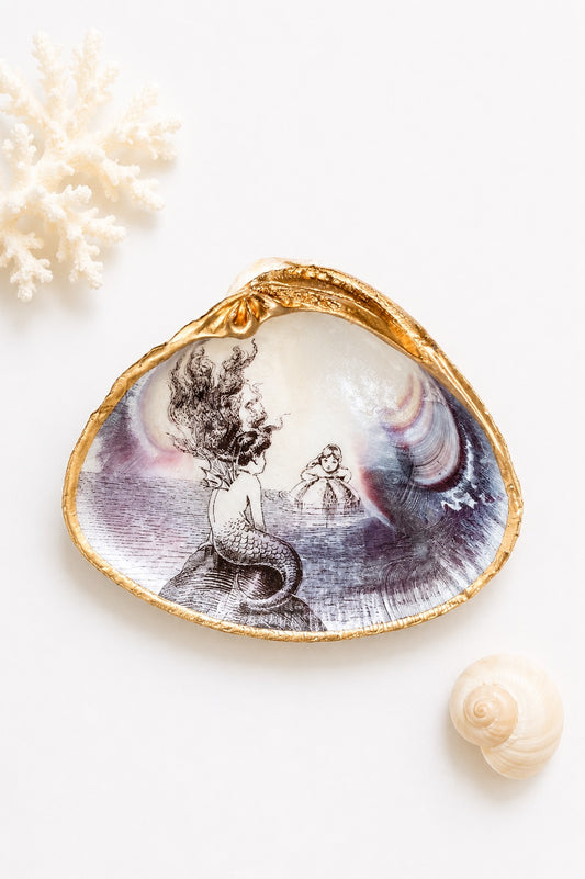 Decoupage Clam Shell Trinket Dish Mermaid Art