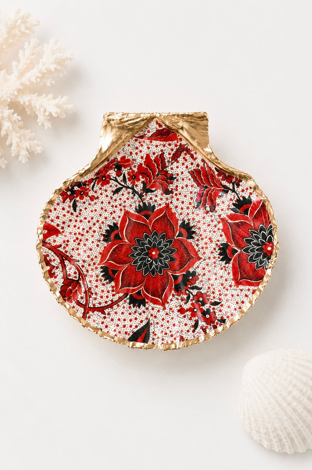Red Floral Scallop Shell Ring Dish, Botanical Jewelry Holder, Handmade Gift for Her