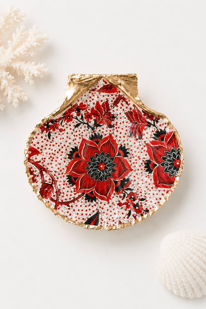 Red Floral Scallop Shell Ring Dish, Botanical Jewelry Holder, Handmade Gift for Her
