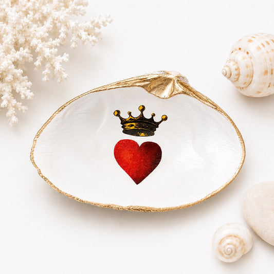 Decoupage Clam Shell Jewelry Dish – Heart & Crown Motif, Valentine's Day Gift
