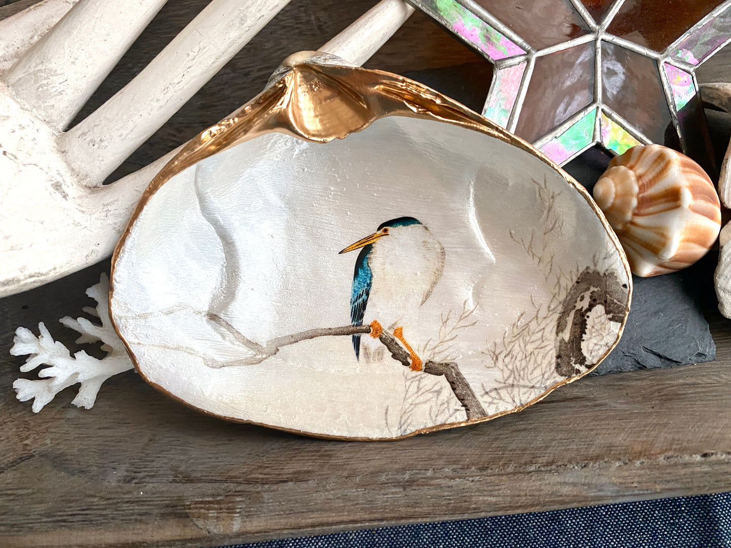 Decoupage Clam Shell Dish Night Heron Bird Art