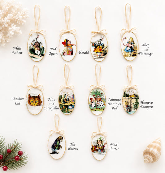 Hand-Colored Decoupage Ornament – Alice in Wonderland Lover Gift, Holiday Decor