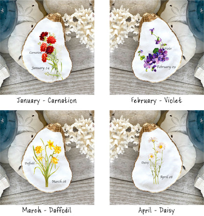 Decoupage Birth Flower Oyster Shell Ring Dish – Personalized Coastal Jewelry Holder, Birthday Gift