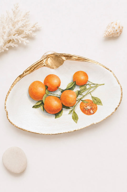 Decoupage Clam Shell Vintage Oranges Trinket Dish