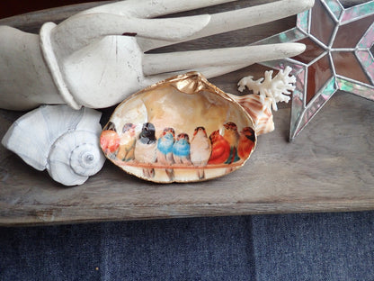 Decoupage Clam Shell Trinket Dish Bird Lover Art