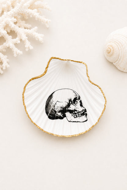 Decoupage Scallop Shell Trinket Dish Skull Art