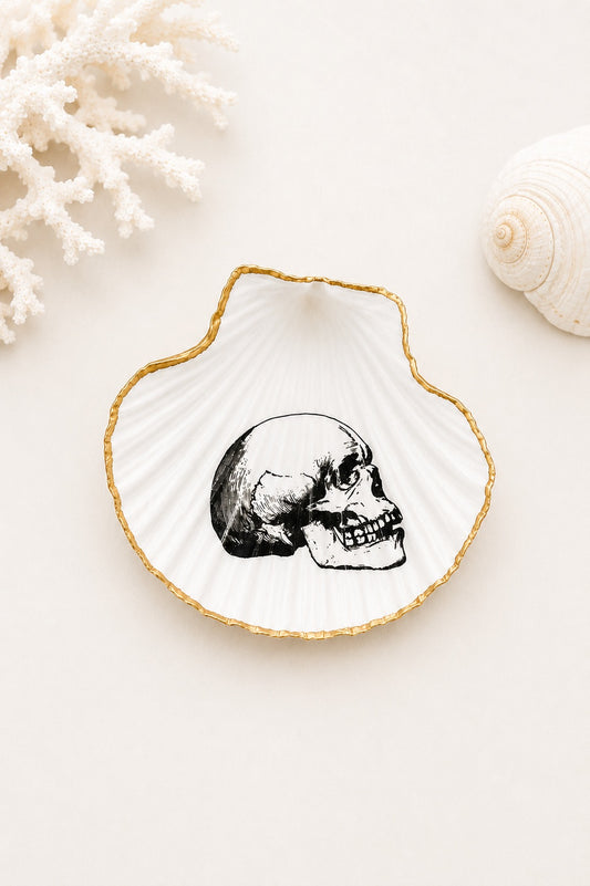 Decoupage Scallop Shell Trinket Dish Skull Art