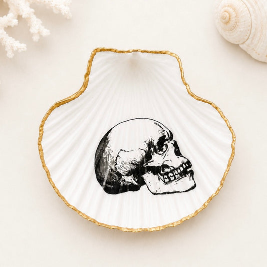 Vintage Skull Scallop Shell Trinket Dish, Gothic Ring Dish, Gold Rim Jewelry Holder, Dark Academia Decor, Halloween Gift