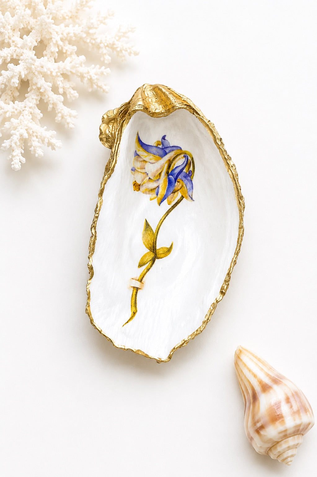 Decoupage Oyster Shell Trinket Dish Columbine Flower Art