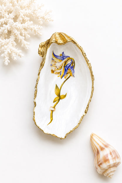 Decoupage Oyster Shell Trinket Dish Columbine Flower Art