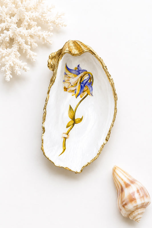 Decoupage Oyster Shell Trinket Dish Columbine Flower Art