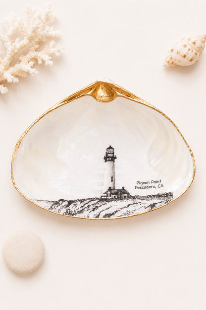 Decoupage Clam Shell Trinket Dish Pigeon Point Lighthouse Art