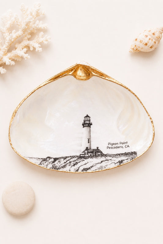 Decoupage Clam Shell Trinket Dish Pigeon Point Lighthouse Art