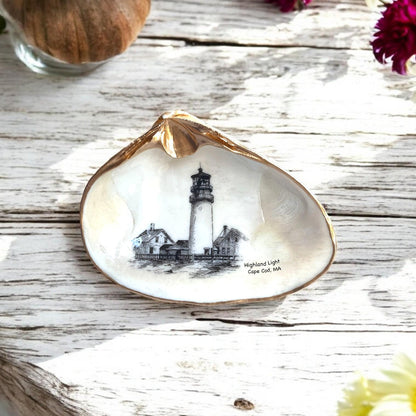 Decoupage Clam Shell Trinket Dish Highland Lighthouse Art