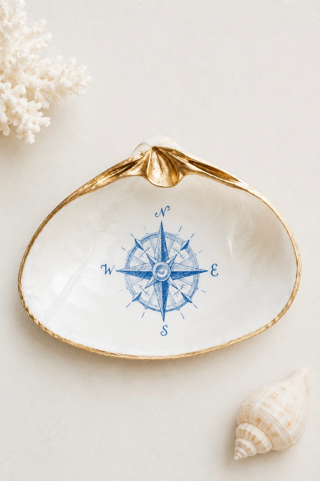 Decoupage Clam Shell Nautical Compass Art Trinket Dish