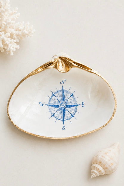 Decoupage Clam Shell Nautical Compass Art Trinket Dish