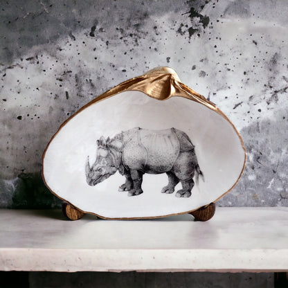 Rhinoceros Art Decoupage Clam Shell Ring Dish – Dürer-Inspired Nature Lover Gift