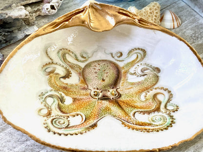 Decoupage Clam Shell Gold Octopus Art
