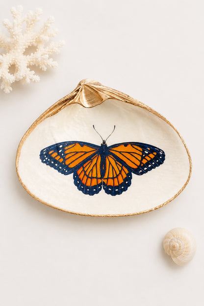 Decoupage Clam Shell Trinket Dish Monarch Butterfly Art