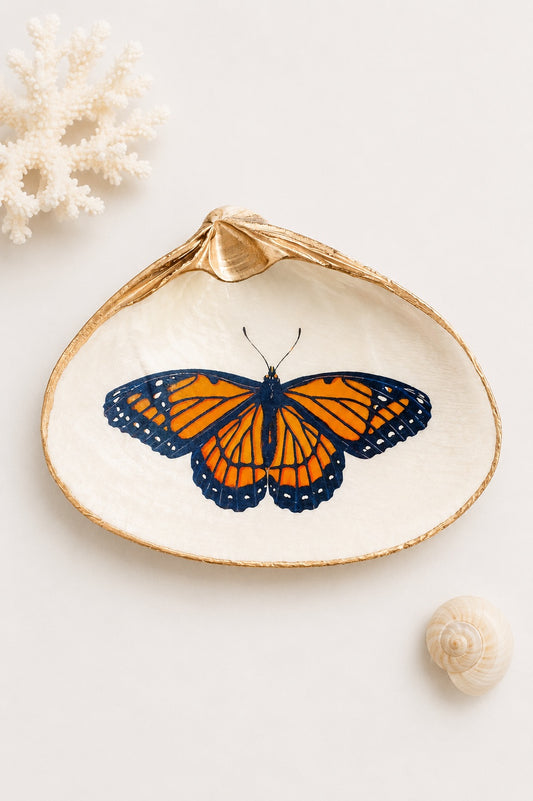 Decoupage Clam Shell Trinket Dish Monarch Butterfly Art