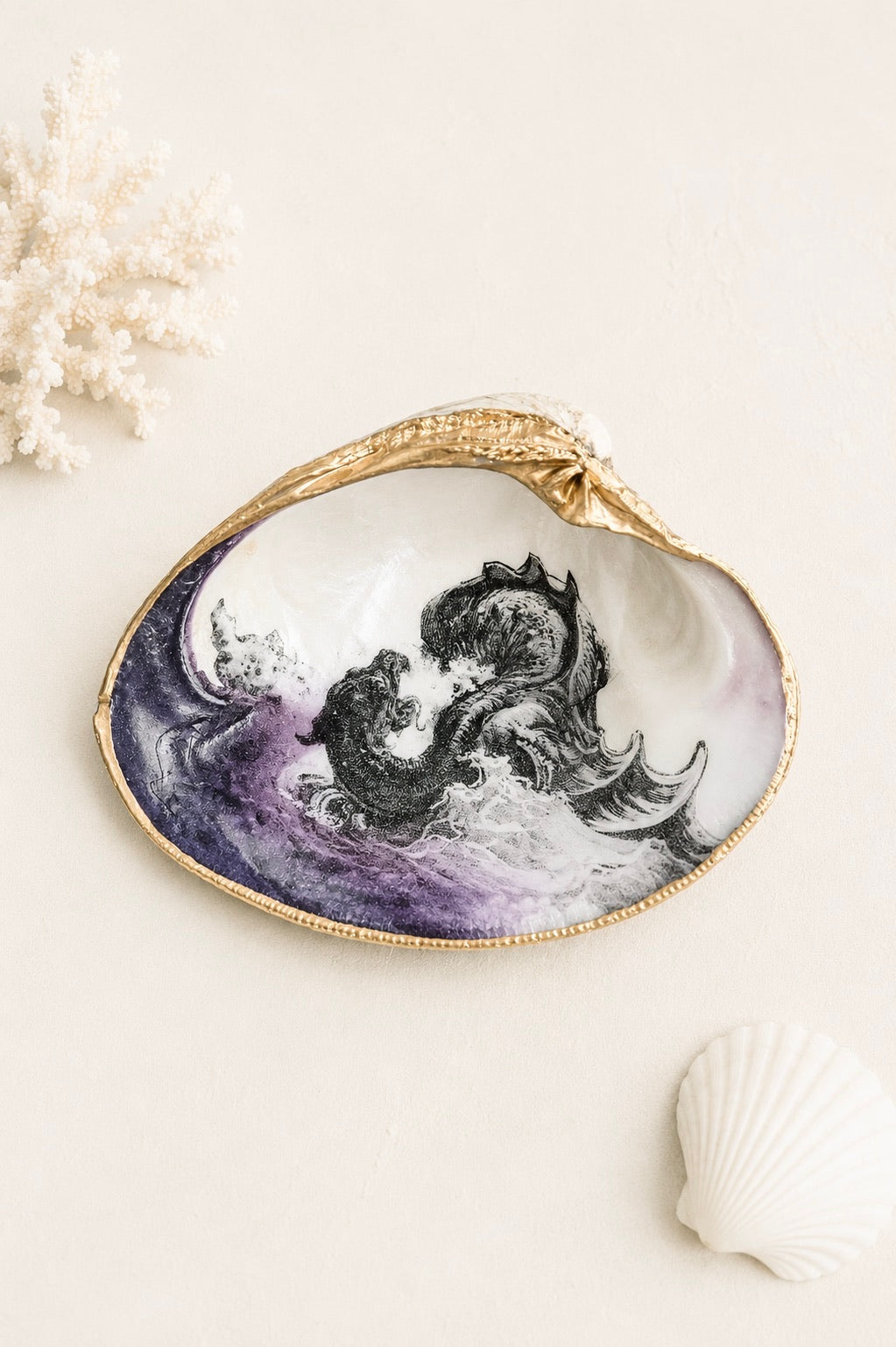 Decoupage Clam Shell Jewelry Dish – Mythological Sea Monster Art