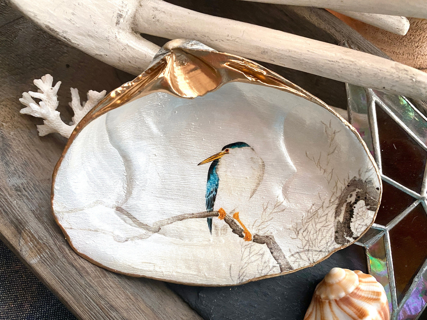 Decoupage Clam Shell Dish Night Heron Bird Art