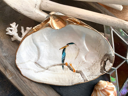 Decoupage Clam Shell Dish Night Heron Bird Art