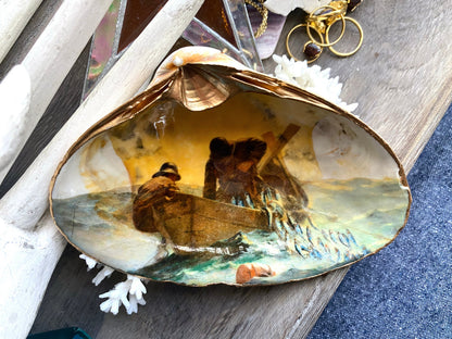 Winslow Homer "The Herring Net" Shell Art – Decoupage Clam Shell Ring Dish